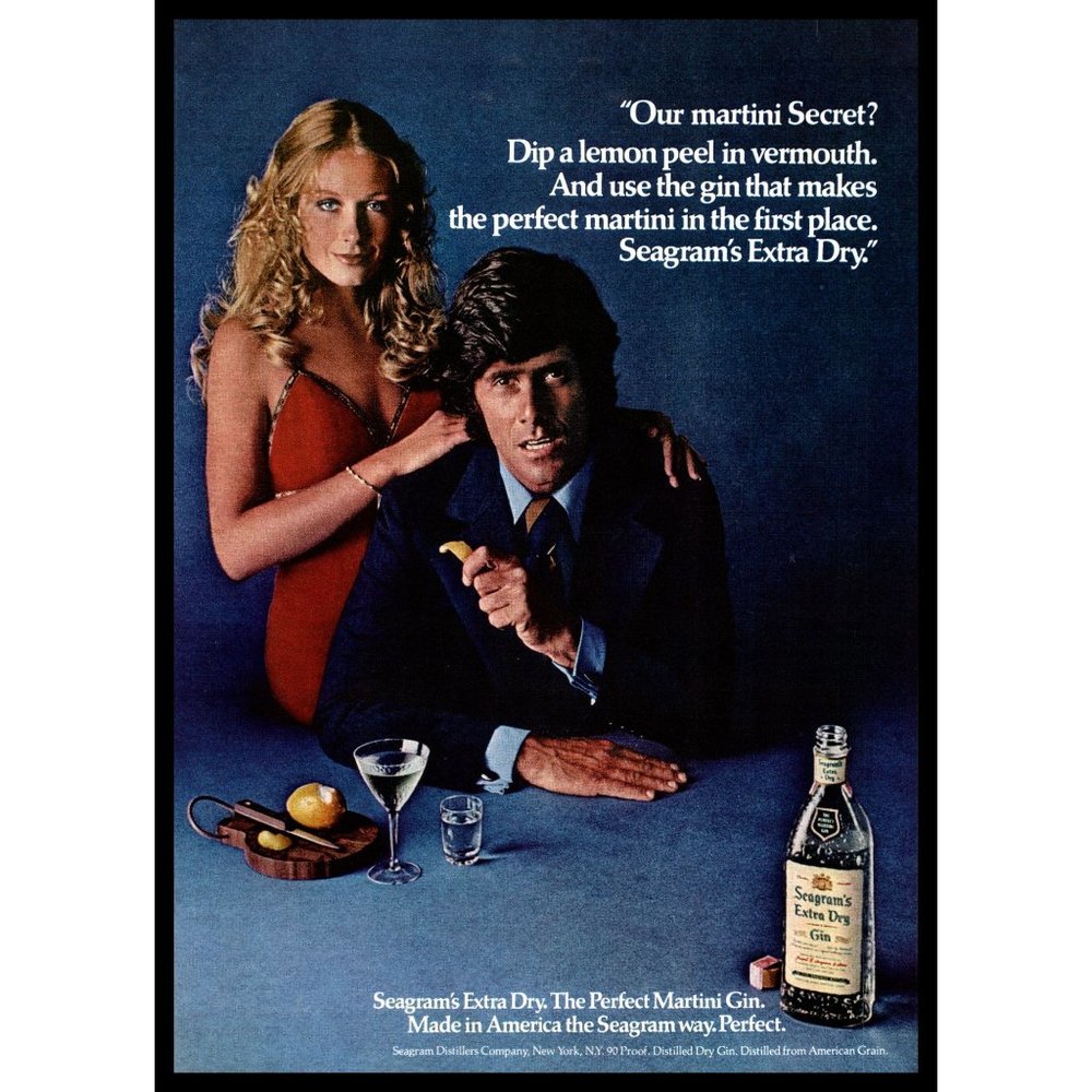 1972 Seagram's Extra Dry Gin Perfect Martini Vintage Print Ad Couple Red Dress